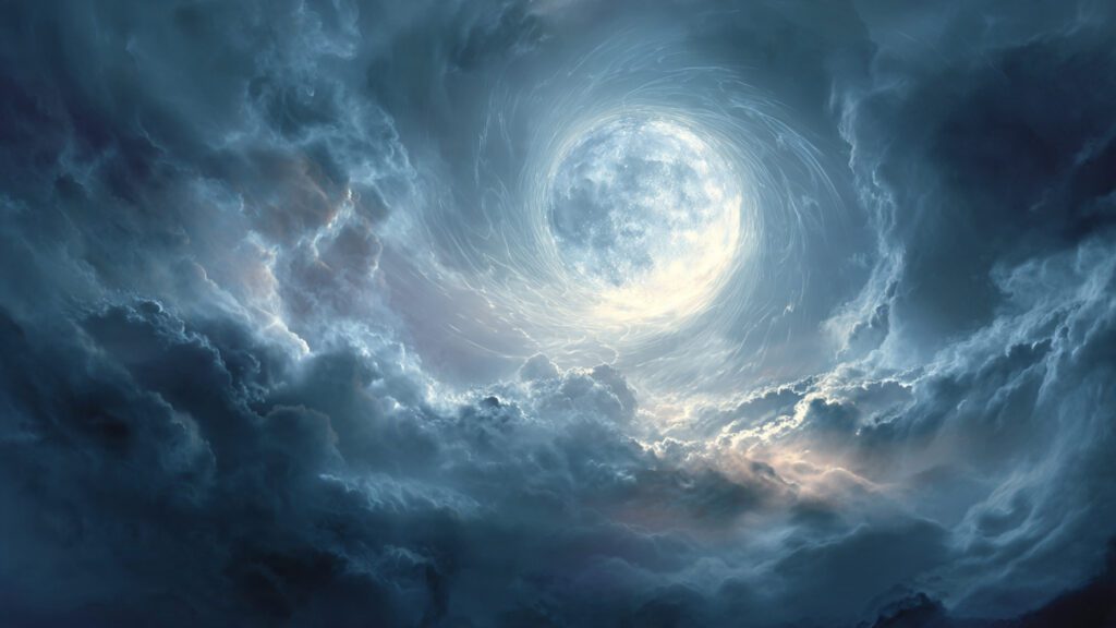 Surreal glowing full moon surrounded by mystical mist and astral patterns symbolizing increased dreaming during lunar cycles.