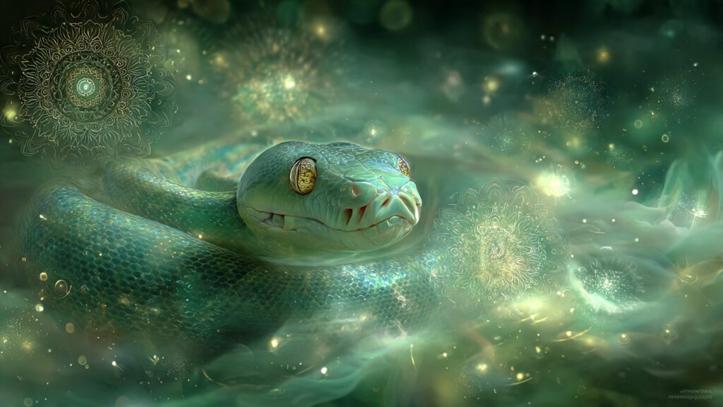 Mystical glowing snake in a surreal dream scene symbolizing transformation and hidden subconscious energy.