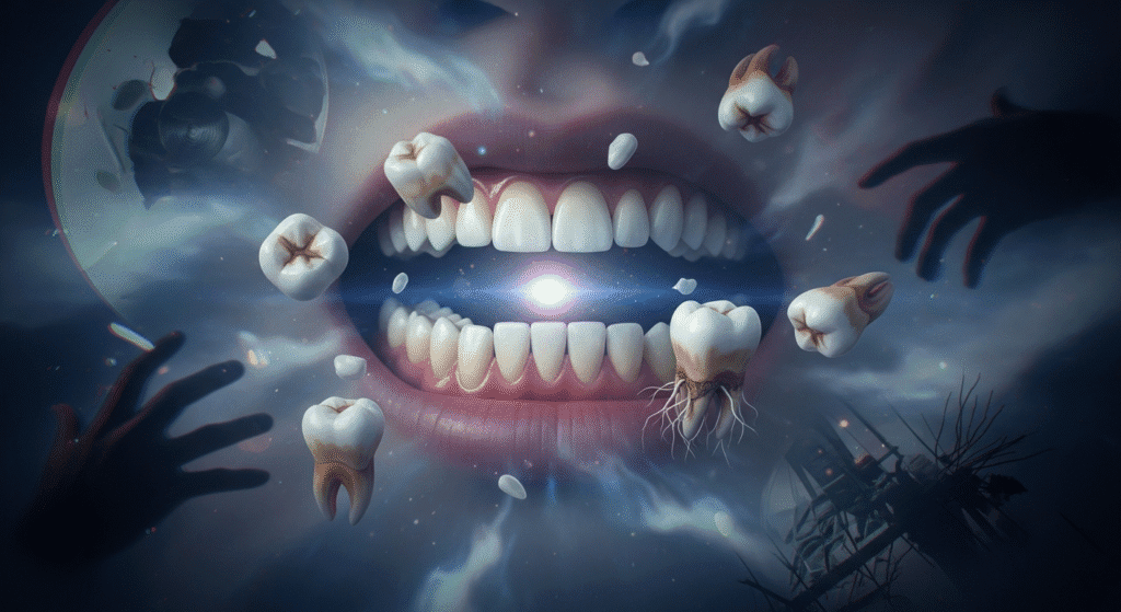 Dreamlike scene with a silhouette and floating white symbolic fragments representing the Jungian meaning of teeth falling out in dreams.