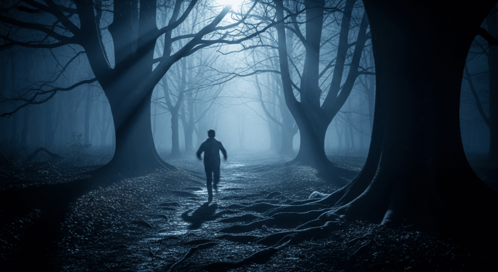 Person running through a misty moonlit forest in a symbolic dreamlike scene, suggesting the feeling of being chased and emotional tension.