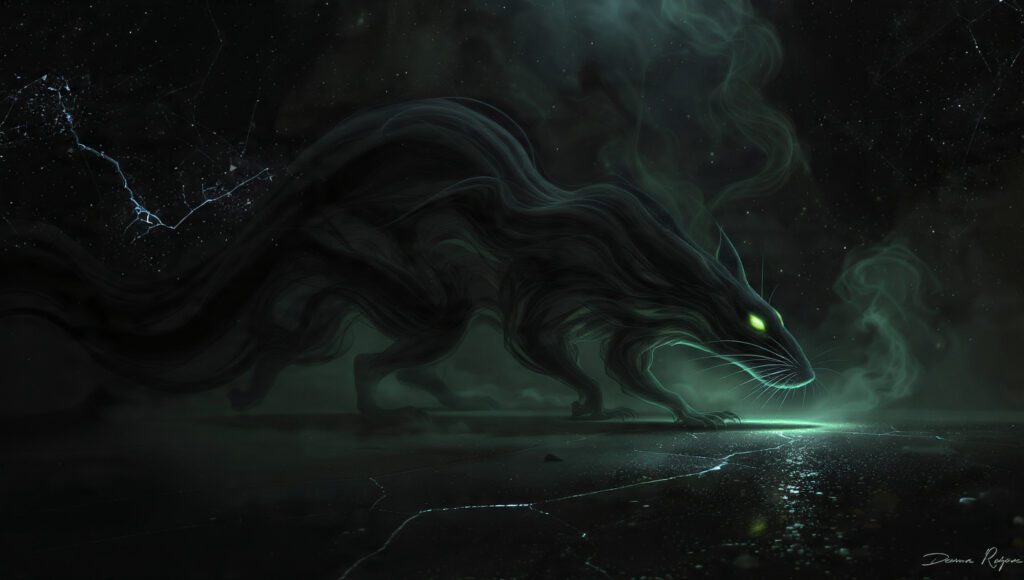 Mystical surreal symbolic rat-like smoke forms in a foggy dream landscape representing betrayal and survival instincts.