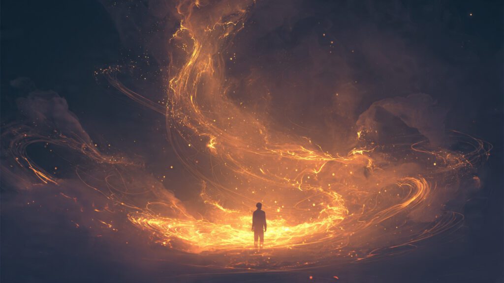 Silhouette facing an ethereal glowing flame representing fire in dreams as destruction, anger, or spiritual purification.