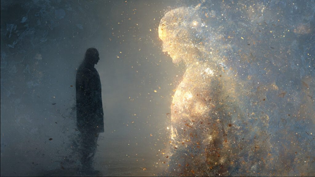 Silhouette watching another silhouette made of light and shadow gently dissolve, symbolizing the dream meaning of killing as ending a part of oneself.