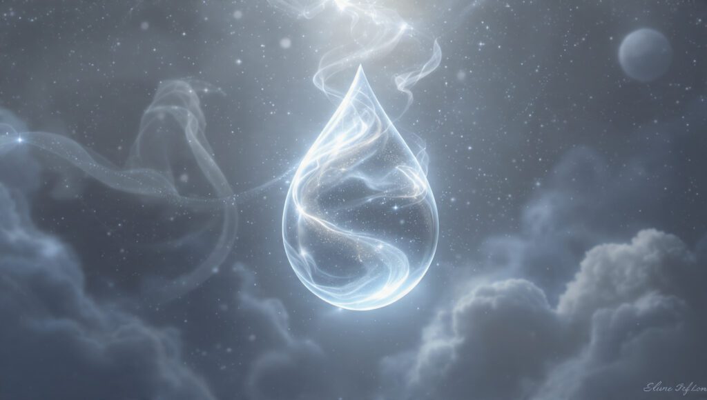 A surreal glowing teardrop floating in a mystical dream scene symbolizing emotional release and subconscious healing.