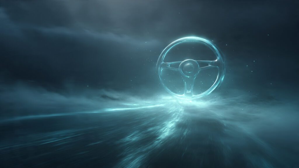 Surreal glowing steering wheel floating above a dreamlike road symbolizing control and direction in dreams.