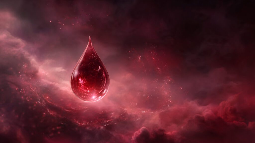Glowing mystical crimson droplet floating in a dreamlike scene symbolizing vitality, passion, and emotional loss.