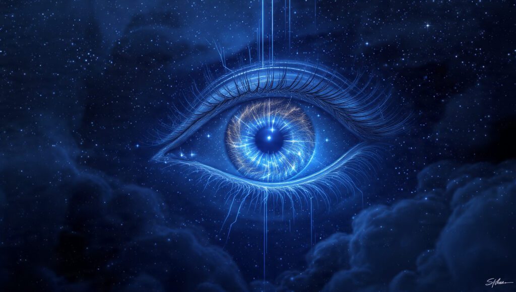 Mystical glowing symbolic eye floating in a surreal dream scene symbolizing hidden truths and subconscious perception.