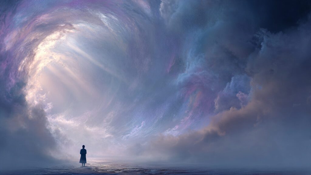 Silhouette facing a swirling ethereal tornado symbolizing emotional chaos and loss of control in dreams.