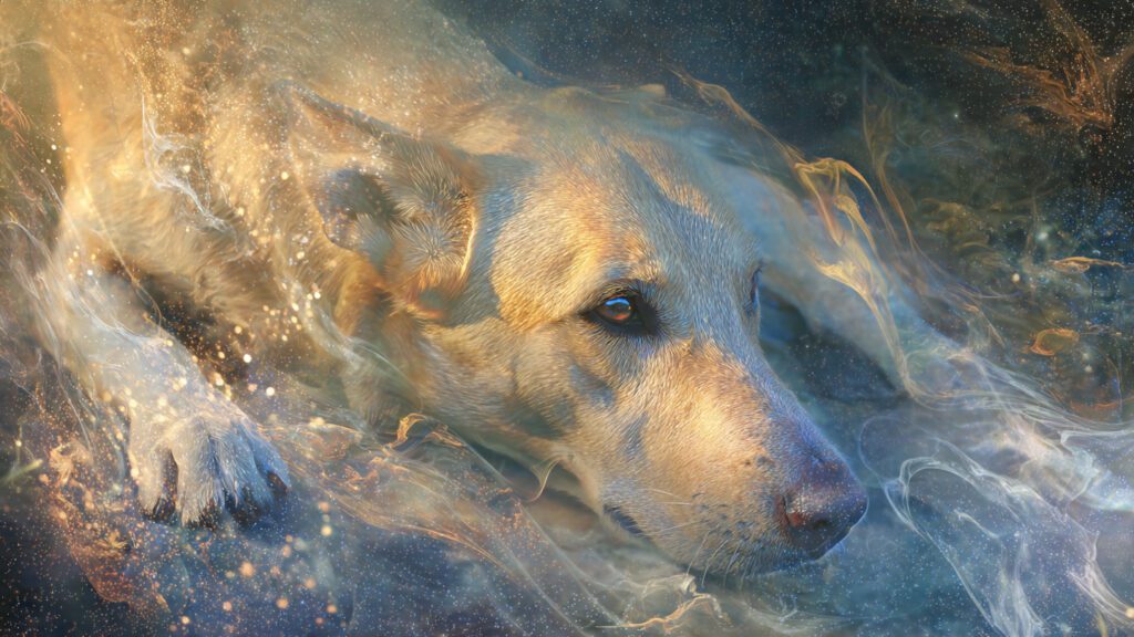 Mystical glowing dog in a surreal dream scene symbolizing loyalty, protection, and instinctual conflict.