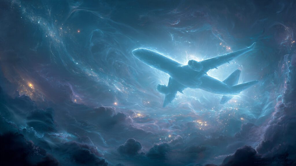 Surreal glowing airplane floating above mystical clouds symbolizing ambition and fear of losing control in dreams.