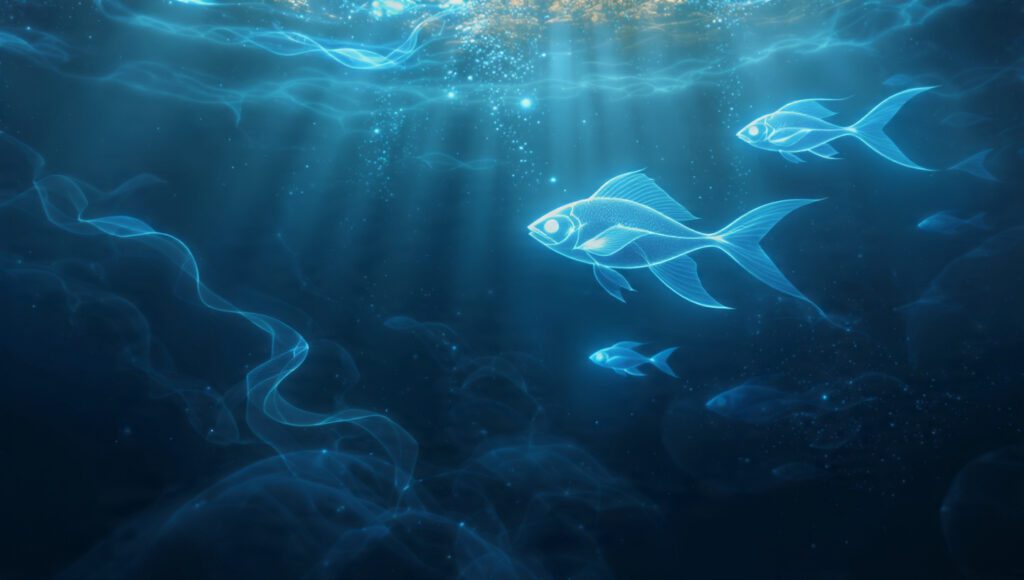 Surreal symbolic fish-like light forms drifting through a deep turquoise dream ocean representing unconscious insights.