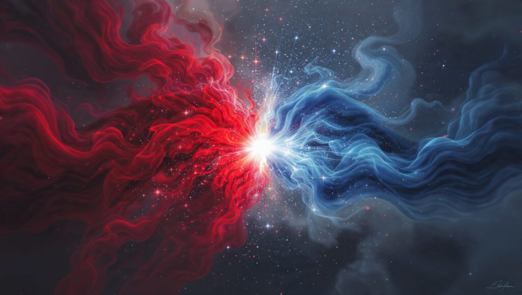 Two surreal swirling energy forces clashing in a mystical dream scene symbolizing inner conflict and self-attack.