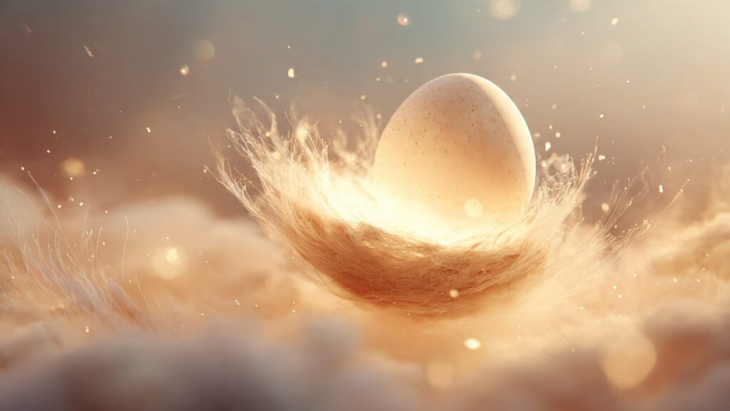 Glowing ethereal cradle-like sphere symbolizing rebirth and new beginnings in a mystical dream scene.