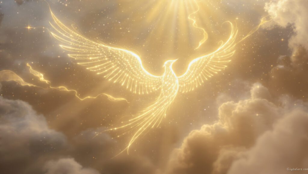 Surreal symbolic wing-like light forms ascending through a golden celestial dream sky, representing spiritual messages in bird dreams.