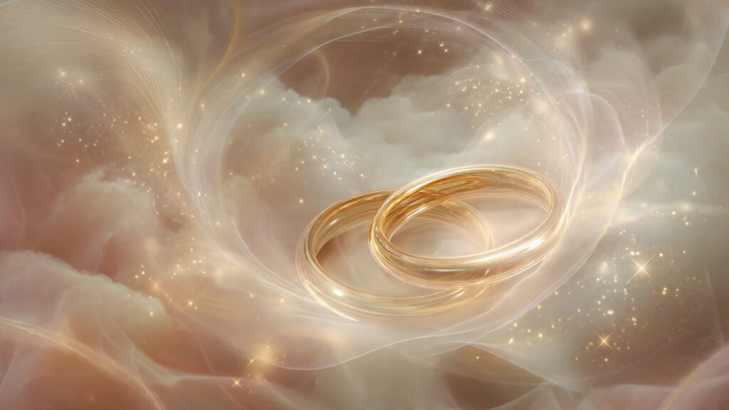 Mystical glowing intertwined rings floating in a surreal dream scene symbolizing union and inner integration.