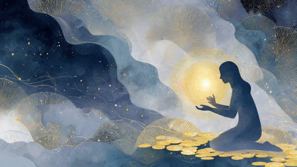 Silhouette discovering a glowing golden orb symbolizing hidden value and personal potential in a money dream.