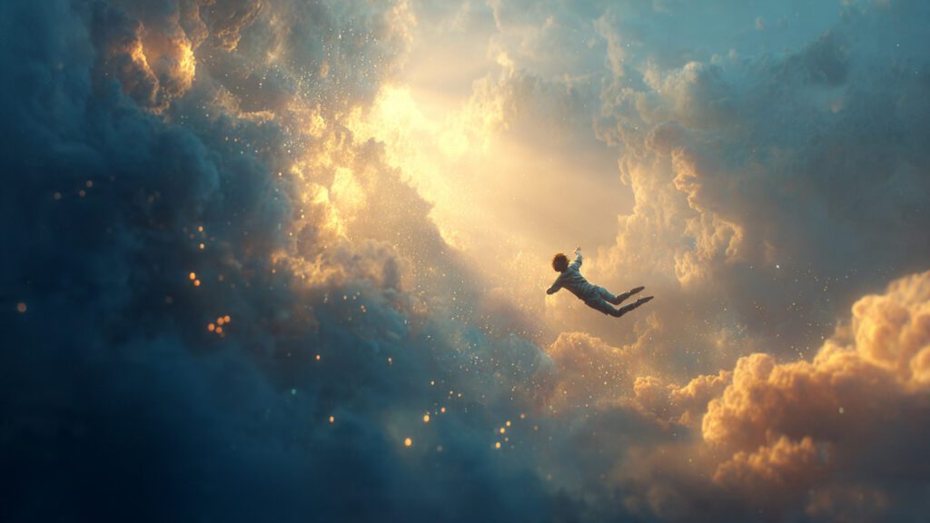 Person falling peacefully through a dreamlike glowing sky, symbolizing loss of control or a leap of faith.