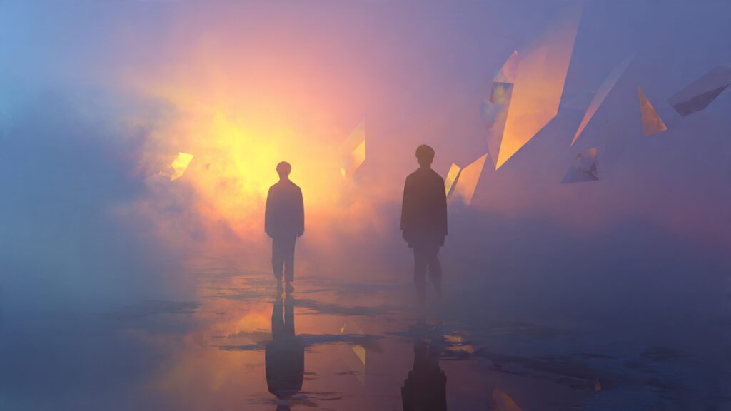Two blurred silhouettes in a dreamlike twilight scene symbolizing dreams about an ex, unresolved emotions, and shadow work.