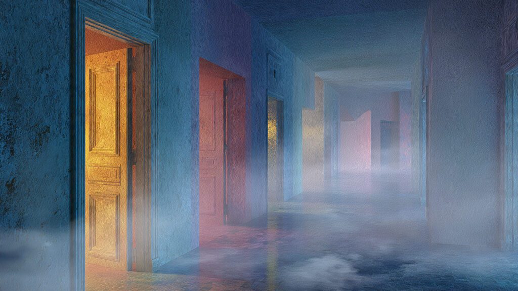 Dreamlike corridor with glowing surreal doors representing the mind and hidden rooms of the self.
