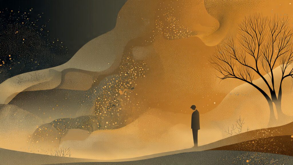 Symbolic dream scene showing a silhouette between darkness and golden light, representing death dreams as Jungian rebirth and transformation.