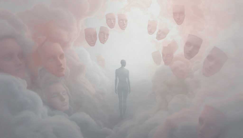Dreamlike scene with a minimalistic human silhouette surrounded by floating symbolic masks, representing vulnerability and the persona in naked dreams.