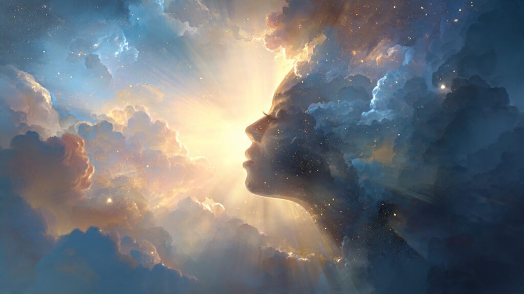 Silhouette rising through glowing clouds in a dreamlike sky, symbolizing the psychology of flying dreams—freedom, control, and ascension.